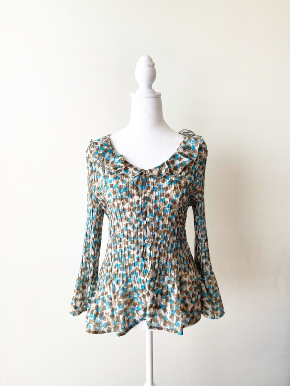 Allison Taylor Blue & Brown Ruffled Button-Front Blouse Size L